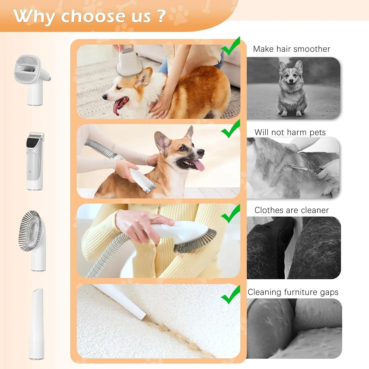 Pet Grooming Vacuum Kit With 2.3L Dust Cup 5 Tools Low Noise For Dog Cat Hair