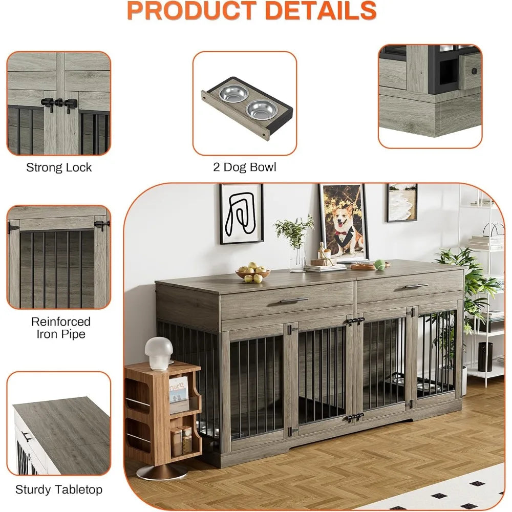 72 Inch Dog Crate Furniture for Two Dogs Large Dog Kennel with Storage Drawers and Removable Divider Wooden Dog Cage