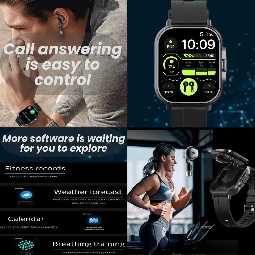 2 in 1 Built in Smartwatch with Earphone Multi Sport NFC Call Smart Watch with Earbuds Headphone for iPhone and Android Smartphone