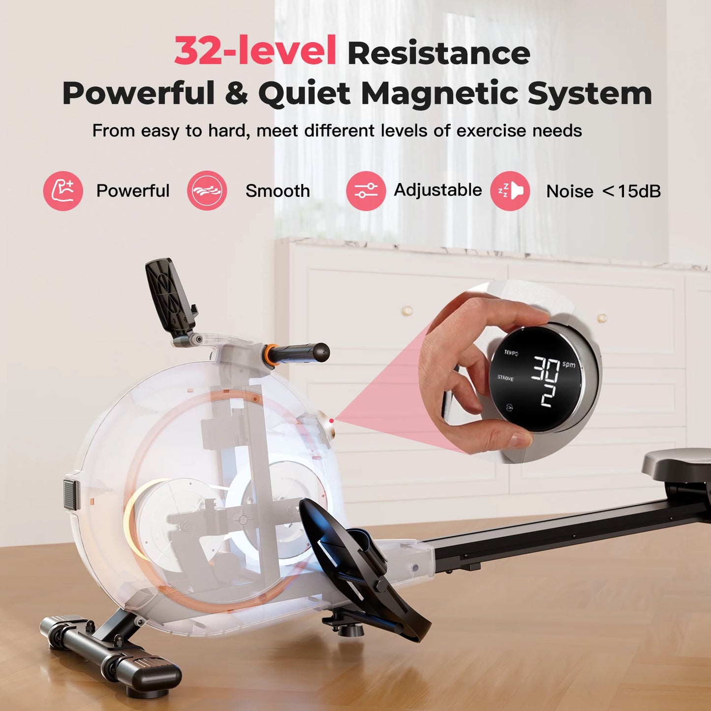 Home Rowing Machine with 32 Levels Adjustable Resistance and 300 Pounds Capacity LED Monitor and Tablet Holder Bluetooth Fitness Equipment