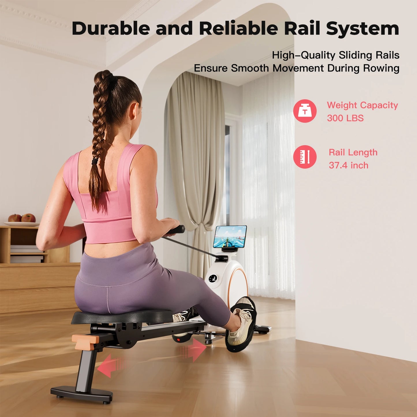 Home Rowing Machine with 32 Levels Adjustable Resistance and 300 Pounds Capacity LED Monitor and Tablet Holder Bluetooth Fitness Equipment