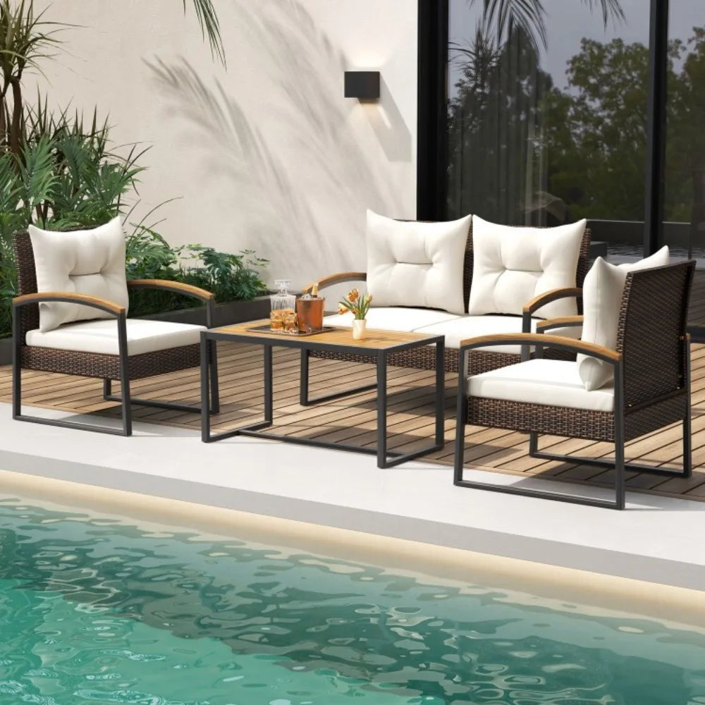 Patio Outdoor Rattan Sofa Set With Tabletop And Cushions