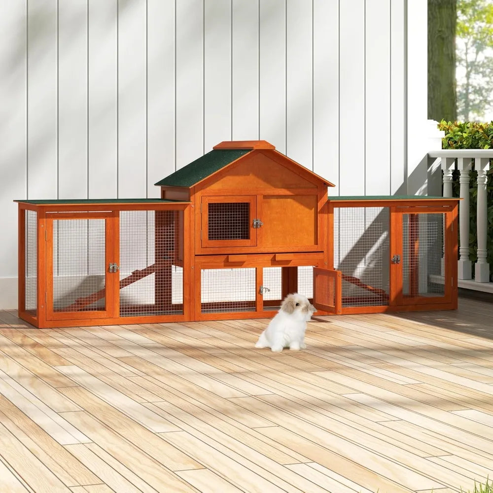 82.5” Large Wooden Rabbit Hutch Outdoor Easy to Assemble Rabbit Cage and Durable Bunny Hutch Indoor with Cleaning Tray & Waterpr