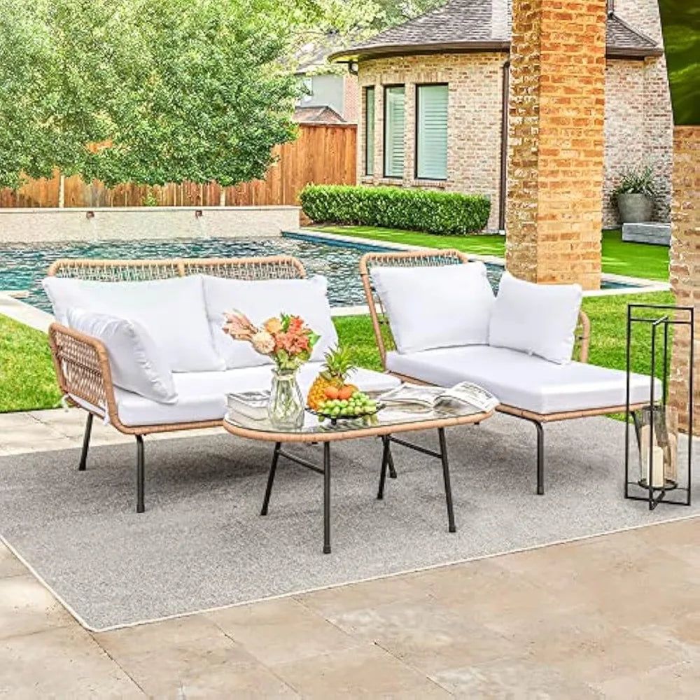 Outdoor Patio Furniture Set, Outdoor Sectional Conversation Rope Woven L-Shaped Sofa Set with Patio Table and Thick Cushions