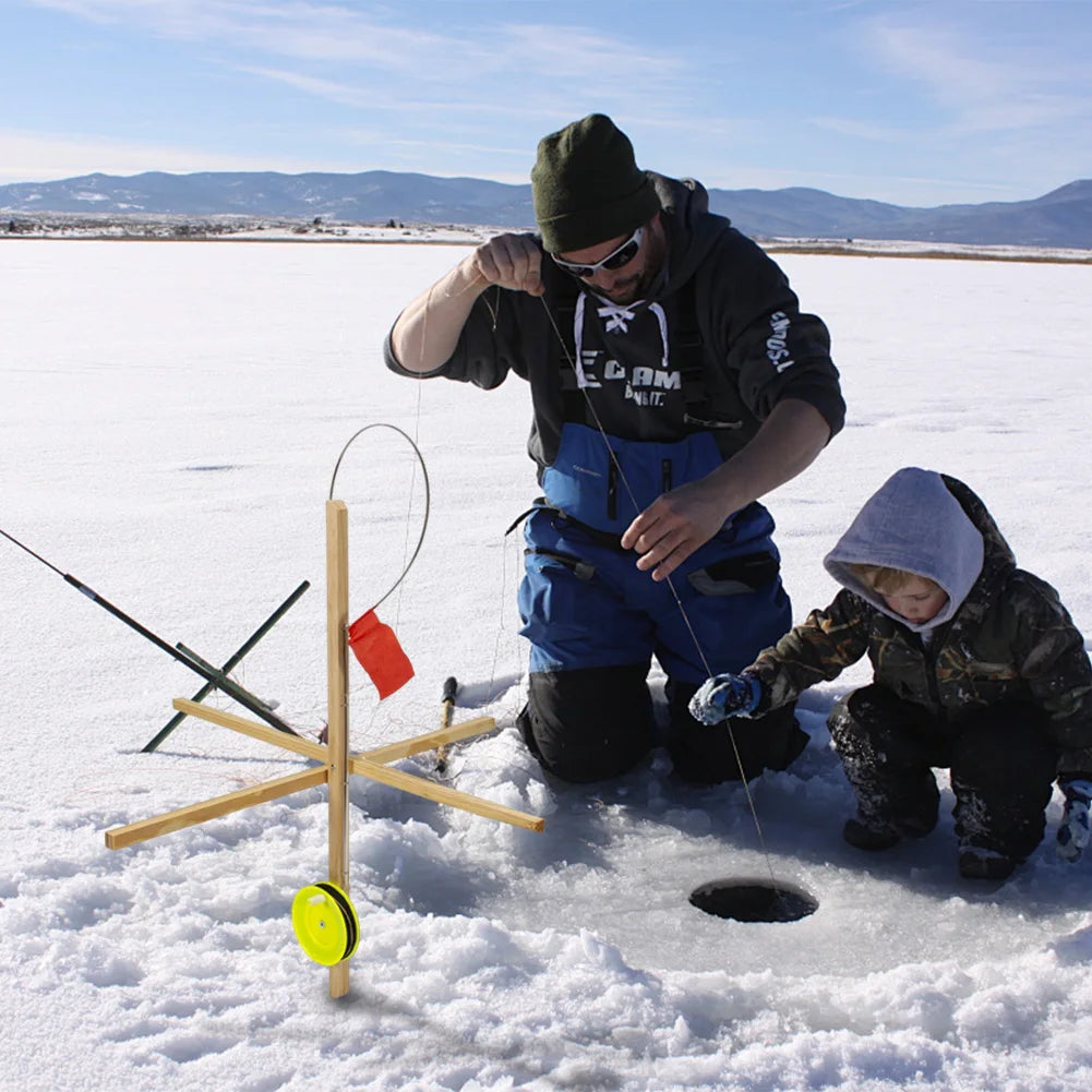 JOCESTYLE 3 Pack Ice Fishing Tip Up With Spoon Net Wooden Platform