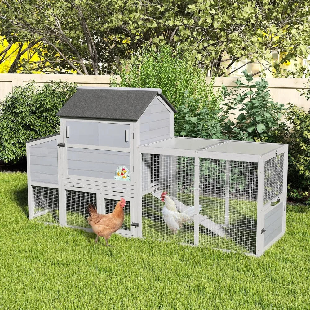 82" Large Wooden Chicken Coop, Outdoor Rabbit Hutch, Guinea Pig Pet House with Wheels, Sunshine Board, Asphalt Roof, Ramp, Open