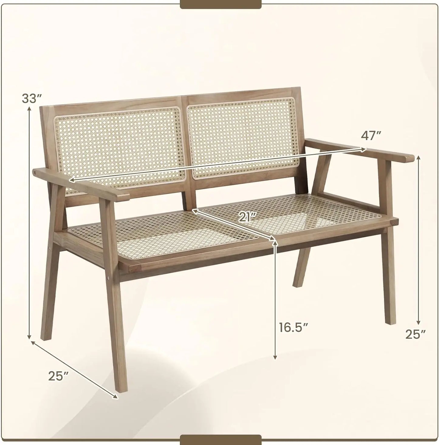 Outdoor Teak Wood Bench 2 Person Patio Rattan Backrest