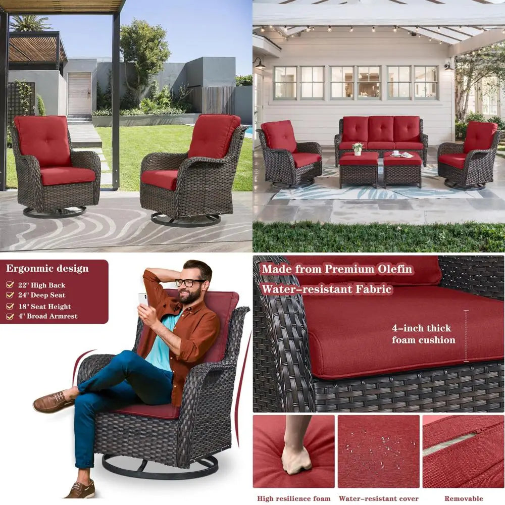 outdoor patio furniture set: 5-piece wicker conversation set with swivel rocker chairs and 3-seater sofa