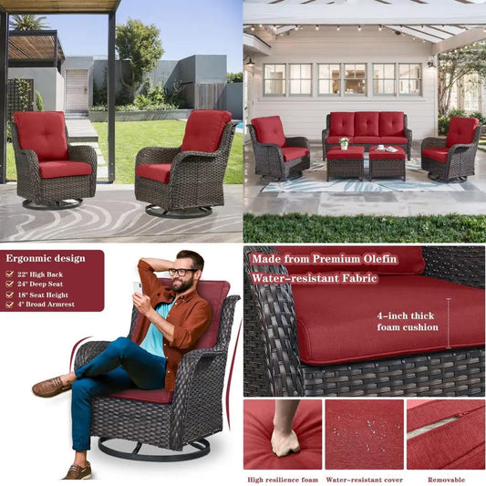 outdoor patio furniture set: 5-piece wicker conversation set with swivel rocker chairs and 3-seater sofa