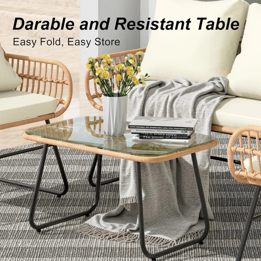 4-Piece Outdoor Patio Furniture Set with Cushions & Tempered Glass Table, All-Weather Rattan Bistro Set with Loveseat Chairs Tab