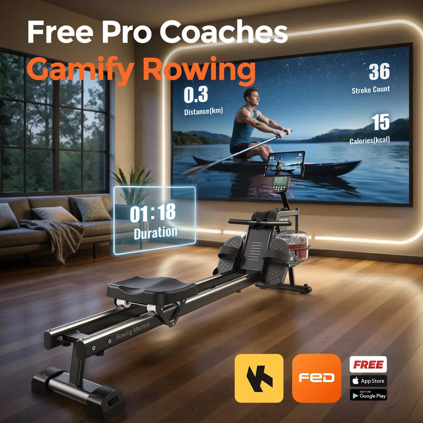 YOSUDA Water Rowing Machine for Home - Rower Machine Use with Bluetooth,App Supported,Rowing Machine for Taller Power Athletes