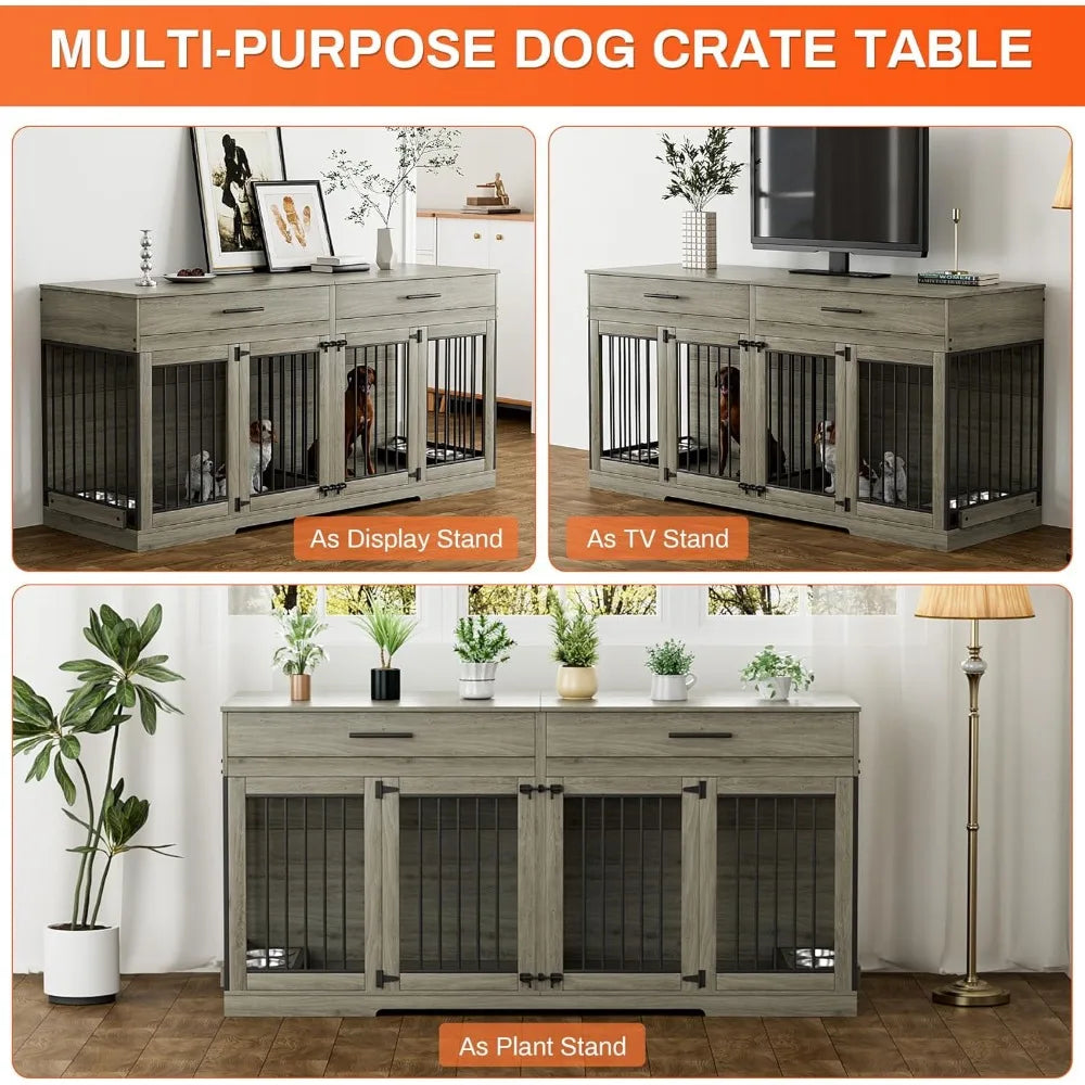 72 Inch Dog Crate Furniture for Two Dogs Large Dog Kennel with Storage Drawers and Removable Divider Wooden Dog Cage