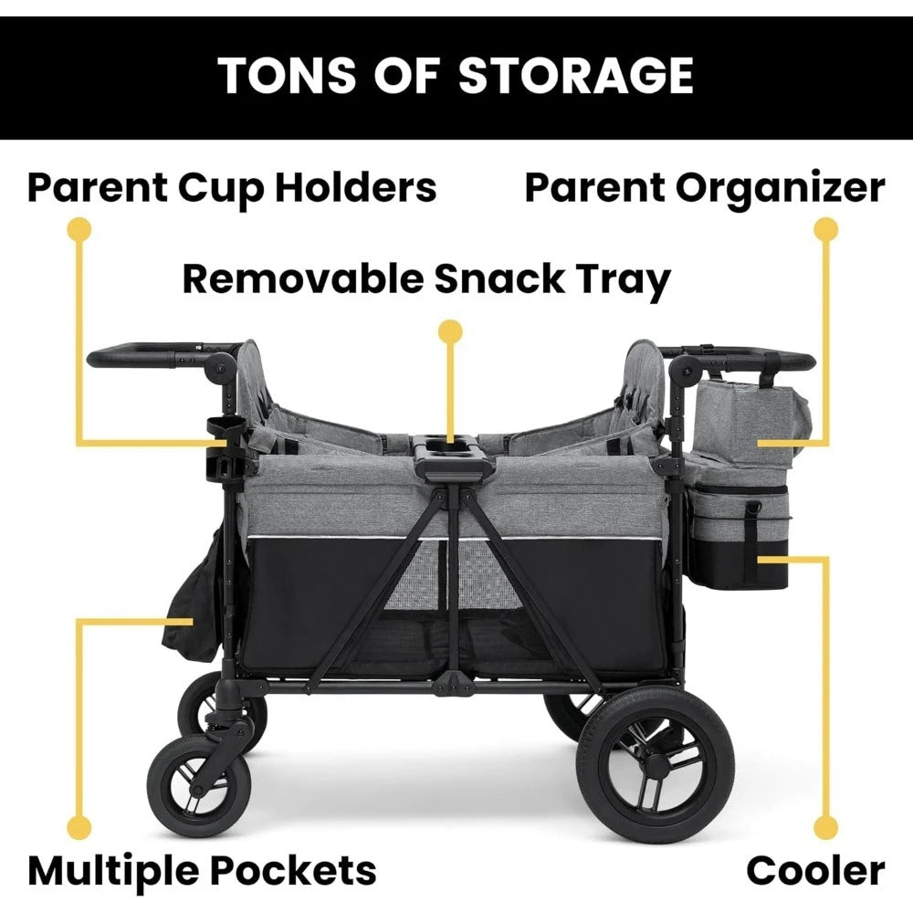 NEW Grey,Deluxe 4 Seater Stroller Wagon for 4 Kids w/Convertible Seats,Adjustable Push/Pull Handles,Removable Canopy&Flat Fold