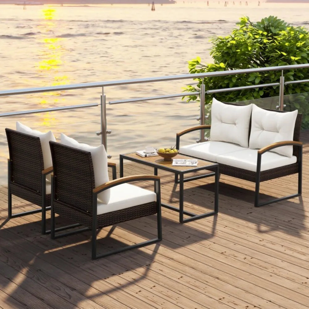 Patio Outdoor Rattan Sofa Set With Tabletop And Cushions