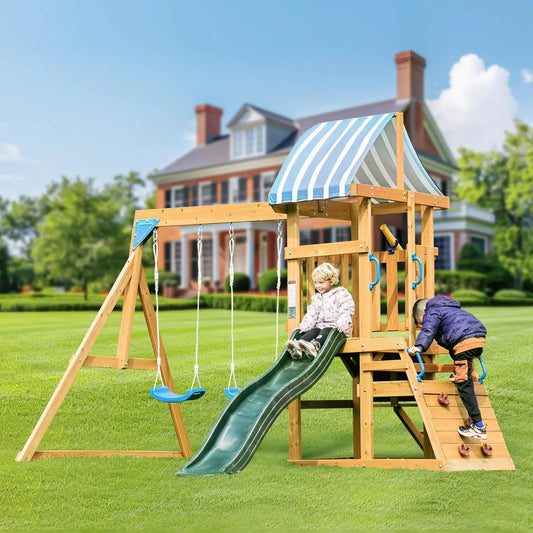 Robotime Robud Wooden Swing Set With Dual Swings And Slide