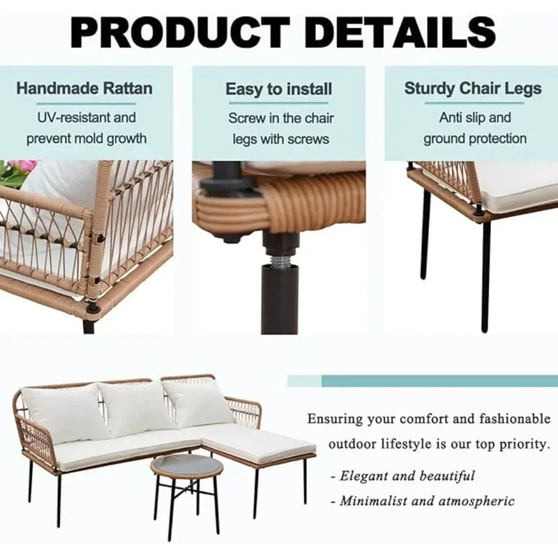 L-Shaped Outdoor Patio Furniture Set, Woven Conversation Sofa with Thick White Cushions, Balcony Lounger Chairs