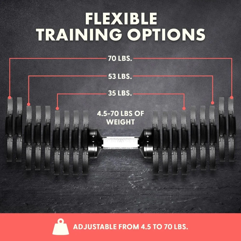 70lb Adjustable Dumbbell 9 in 1 Weight Options, Fitness Equipment with Anti-Slip Metal Handle, Quick Change Weight Adjustment
