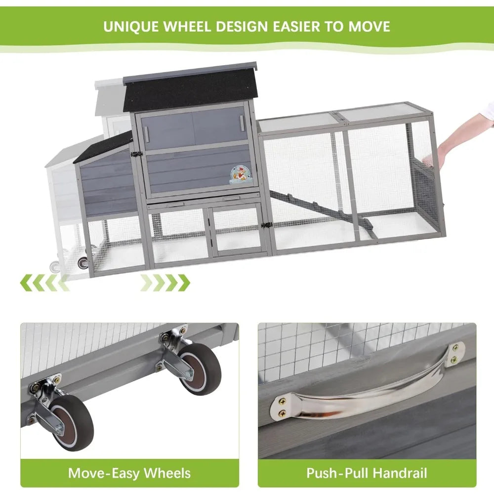 82" Large Wooden Chicken Coop, Outdoor Rabbit Hutch, Guinea Pig Pet House with Wheels, Sunshine Board, Asphalt Roof, Ramp, Open