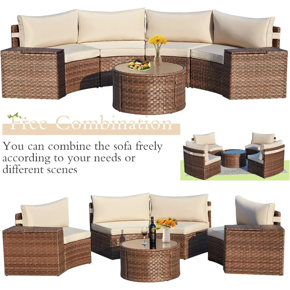 7 Piece Patio Set Half Moon Curved Wicker Storage Armrests