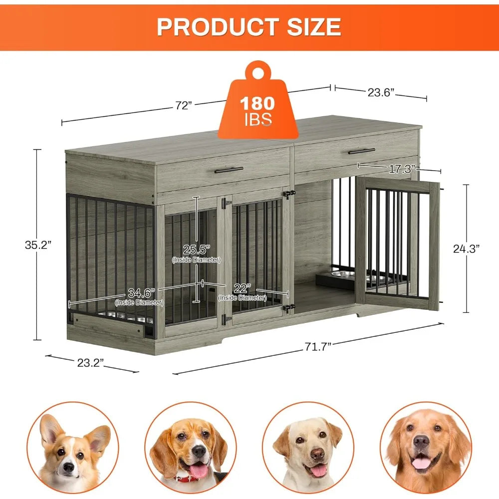 72 Inch Dog Crate Furniture for Two Dogs Large Dog Kennel with Storage Drawers and Removable Divider Wooden Dog Cage