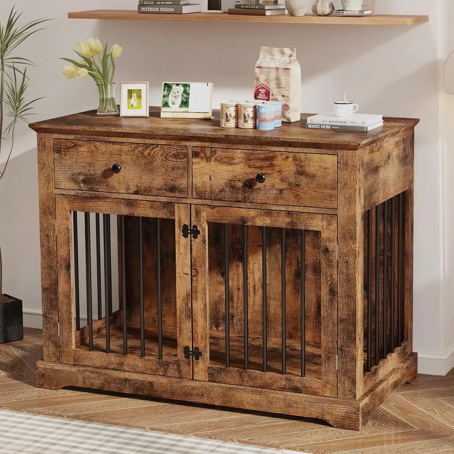 Dog Crate Furniture 44 Inch Wooden Dog Kennel Indoor with 2 Storage Drawers Heavy Duty for Large Dogs