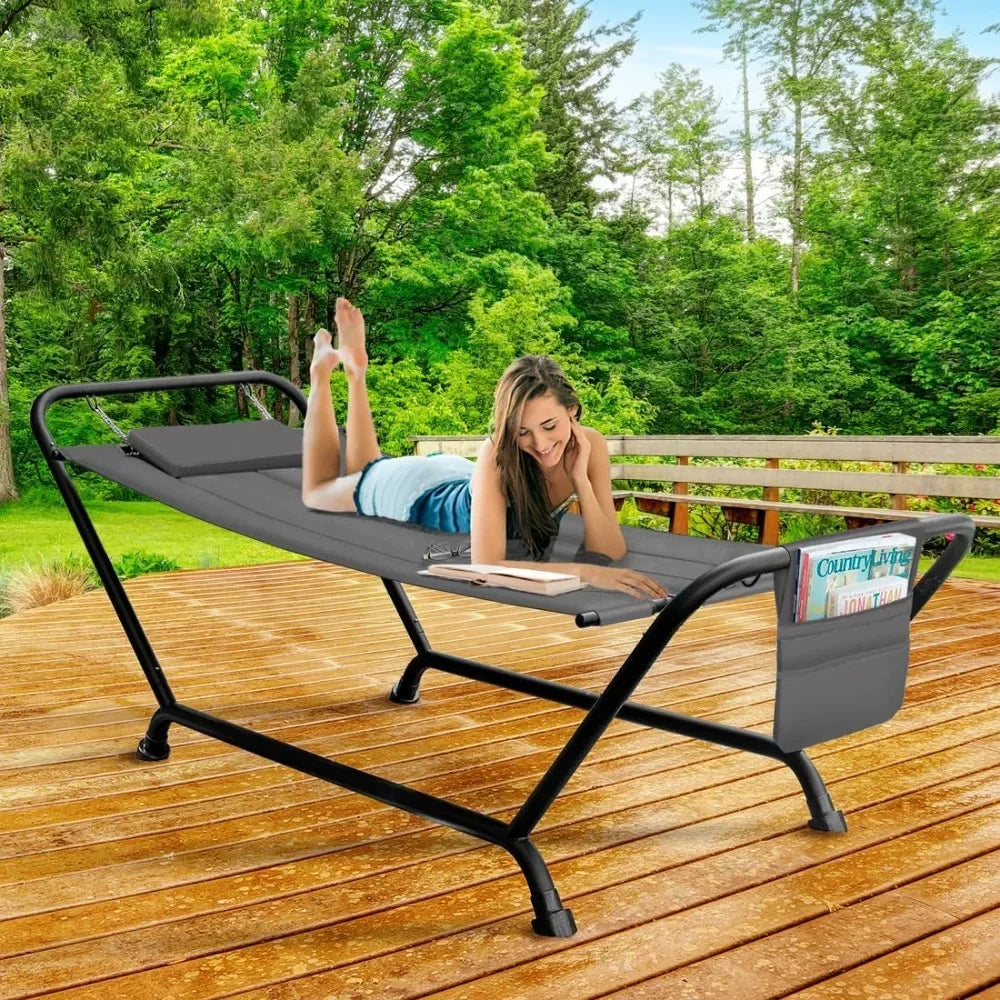 Cozy Outdoor Hammock Bed with Stand Pillow and Storage Pockets