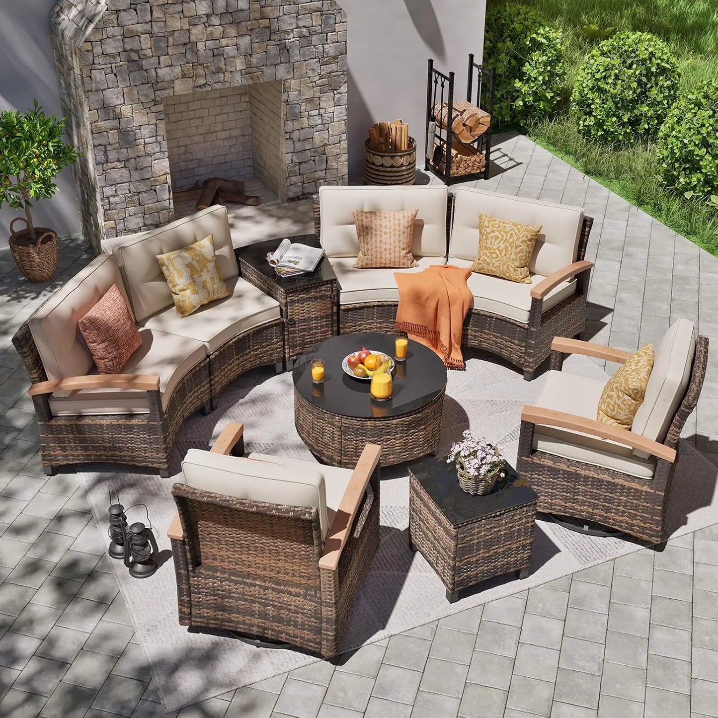 Multi-piece Outdoor Patio Furniture Sets, Half Moon Curving Part of The Sofa Rattan Patio Conversation Sets