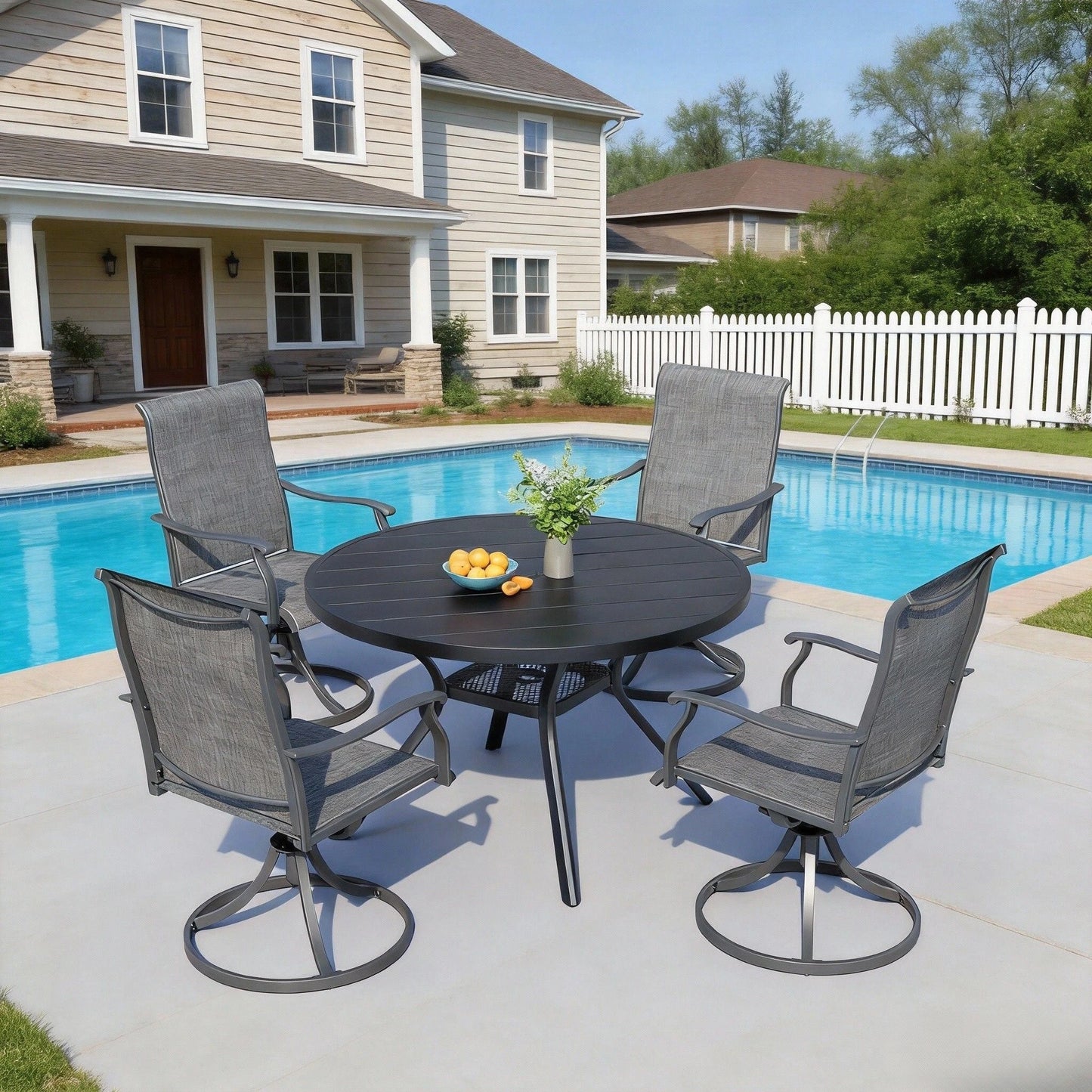 BIGGET 5-Piece Outdoor Dining Set 41" Round Table & 4 Grey Textilene Swivel Rocker Chairs for Patio Garden Backyard Poolside