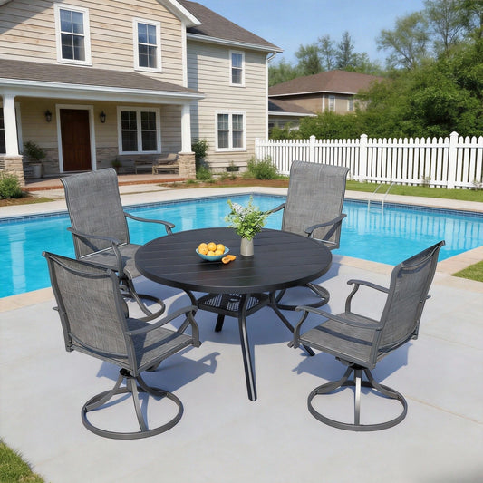 BIGGET 5-Piece Outdoor Dining Set 41" Round Table & 4 Grey Textilene Swivel Rocker Chairs for Patio Garden Backyard Poolside