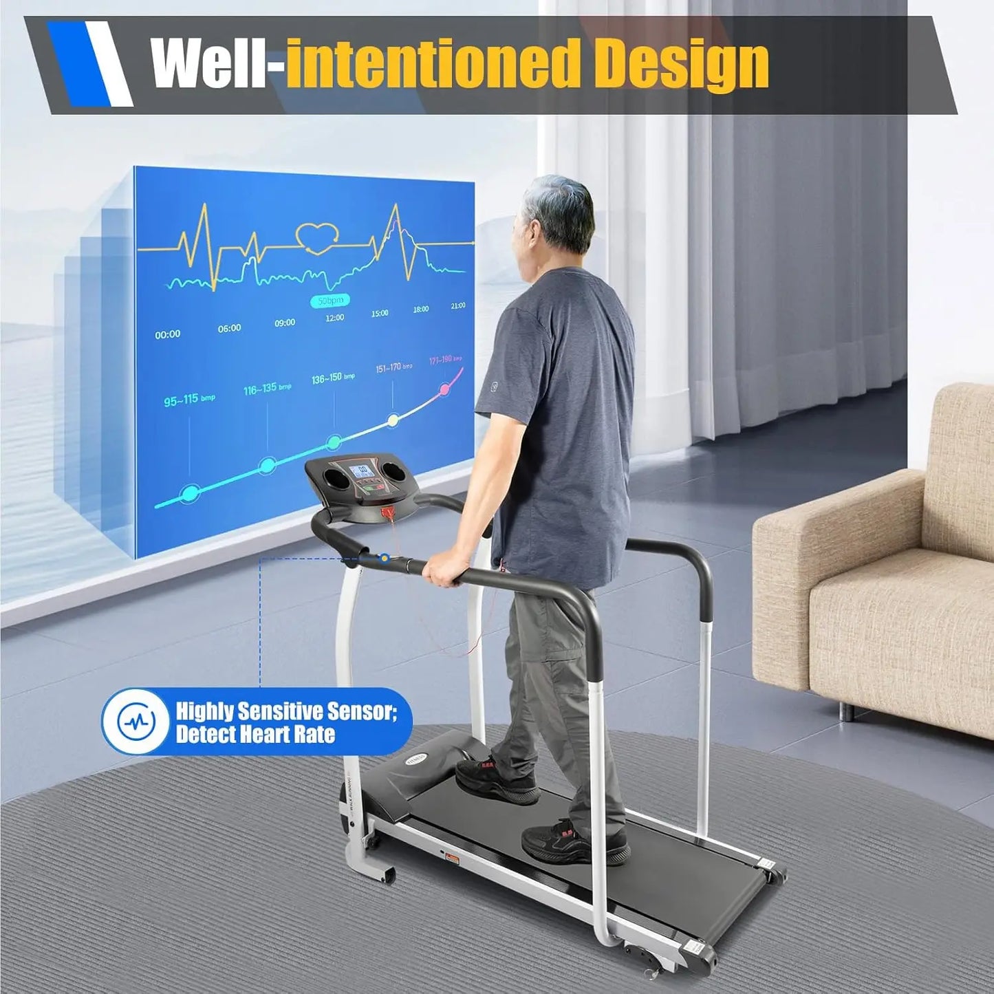 Walking Treadmill for Seniors Home Treadmill with Handrails and Heart Rate Sensor Low Impact Fitness Machine for Recovery