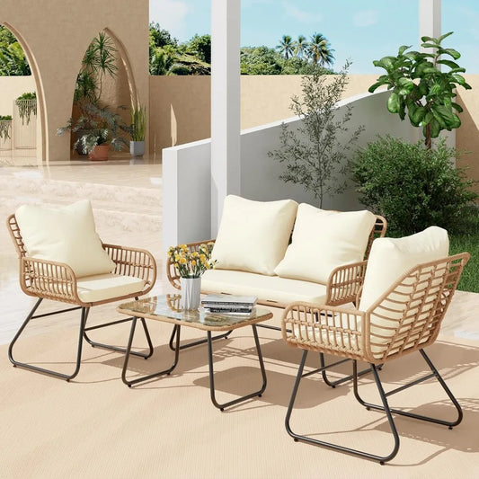 4-Piece Outdoor Patio Furniture Set with Cushions & Tempered Glass Table, All-Weather Rattan Bistro Set with Loveseat Chairs Tab