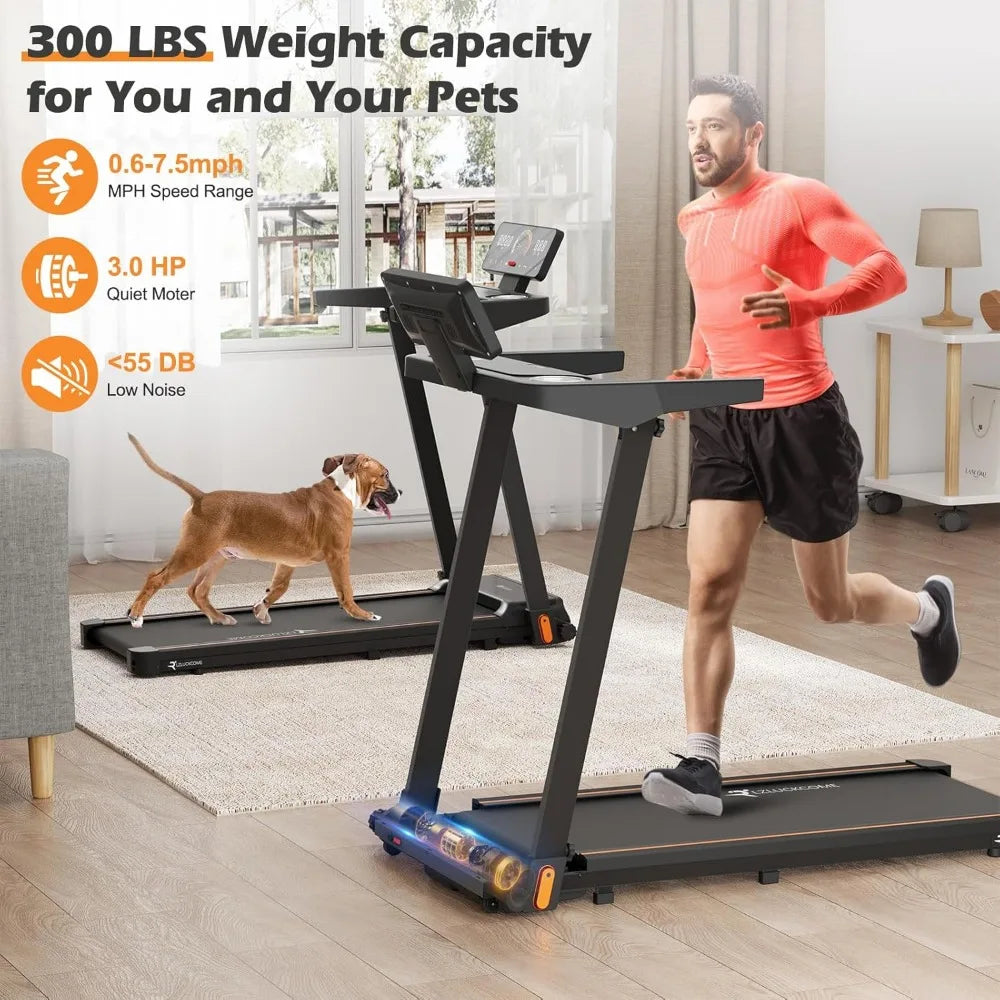 Folding Walking Pad Treadmill with Long Handlebar Armrest 7.5 MPH Foldable Compact Small Treadmill with Work Table Wide Running Surface