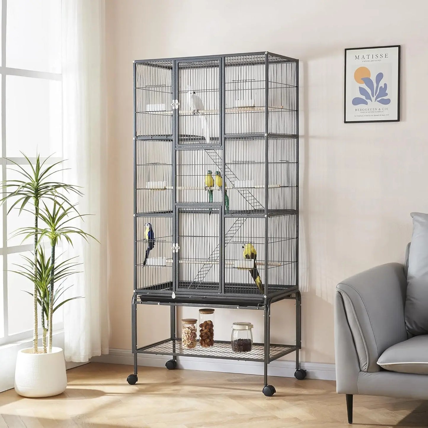 HiMISS Parrot Cage With Rolling Wheels Detachable Stand Tray