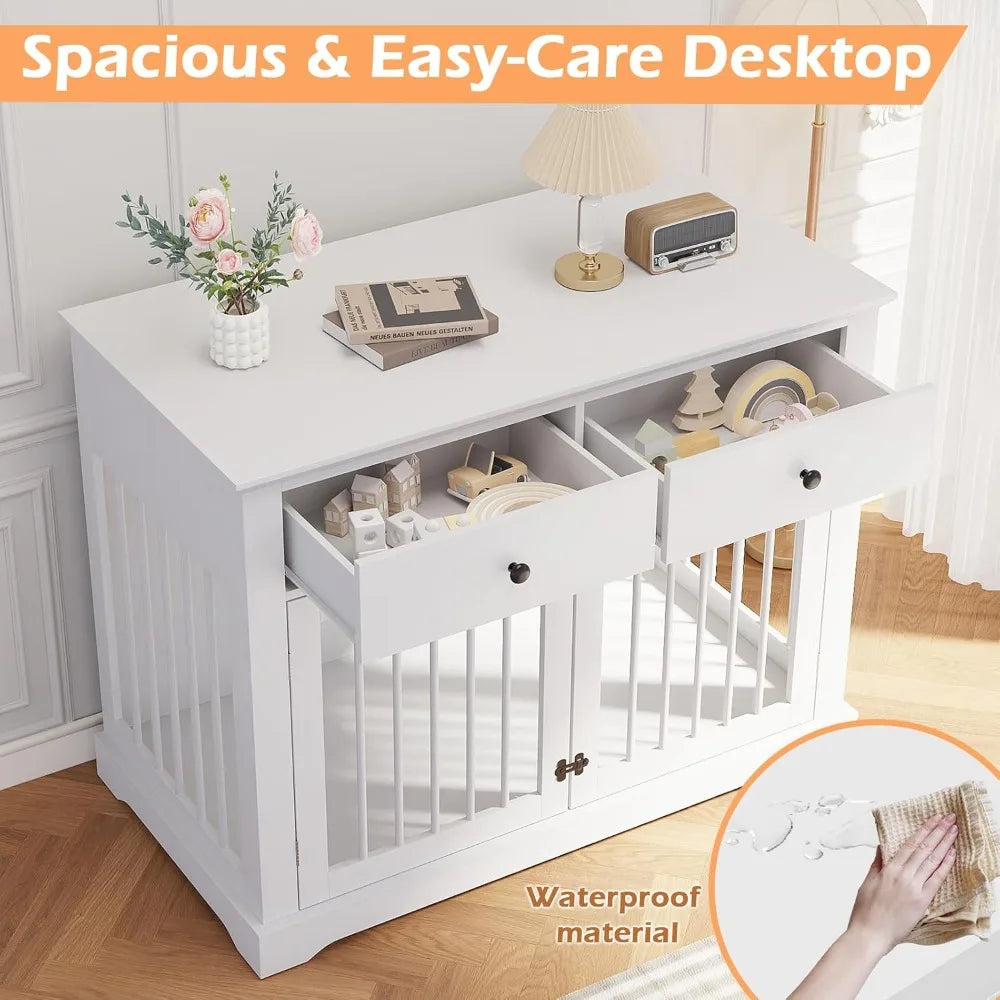 Dog Crate Furniture 44 Inch Wooden Dog Kennel Indoor with 2 Storage Drawers Heavy Duty for Large Dogs