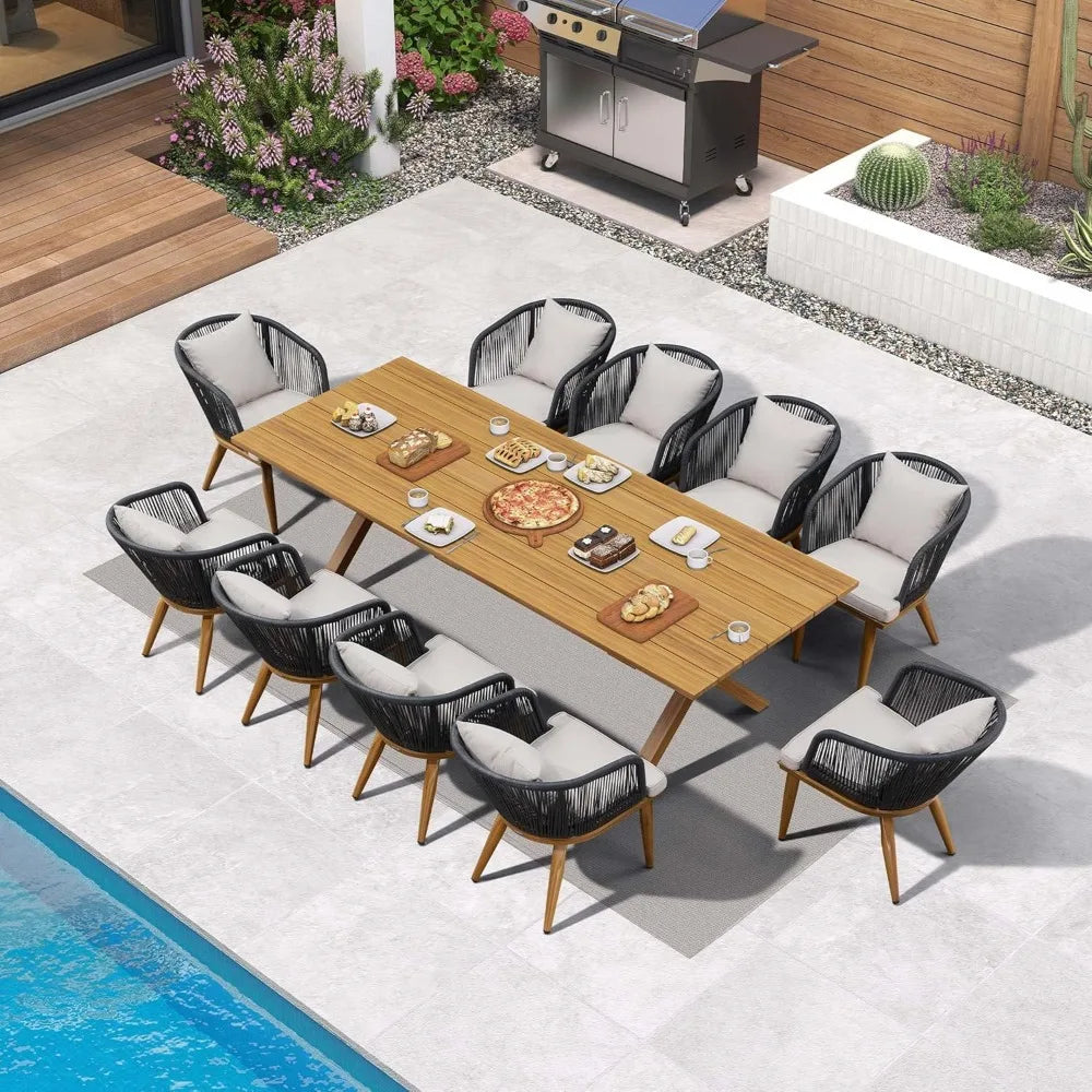 11 Pieces Patio Dining Set Wicker Outdoor Furniture Rectangular Table and Chairs Set for Garden Deck Teak-Finish Aluminum Frame