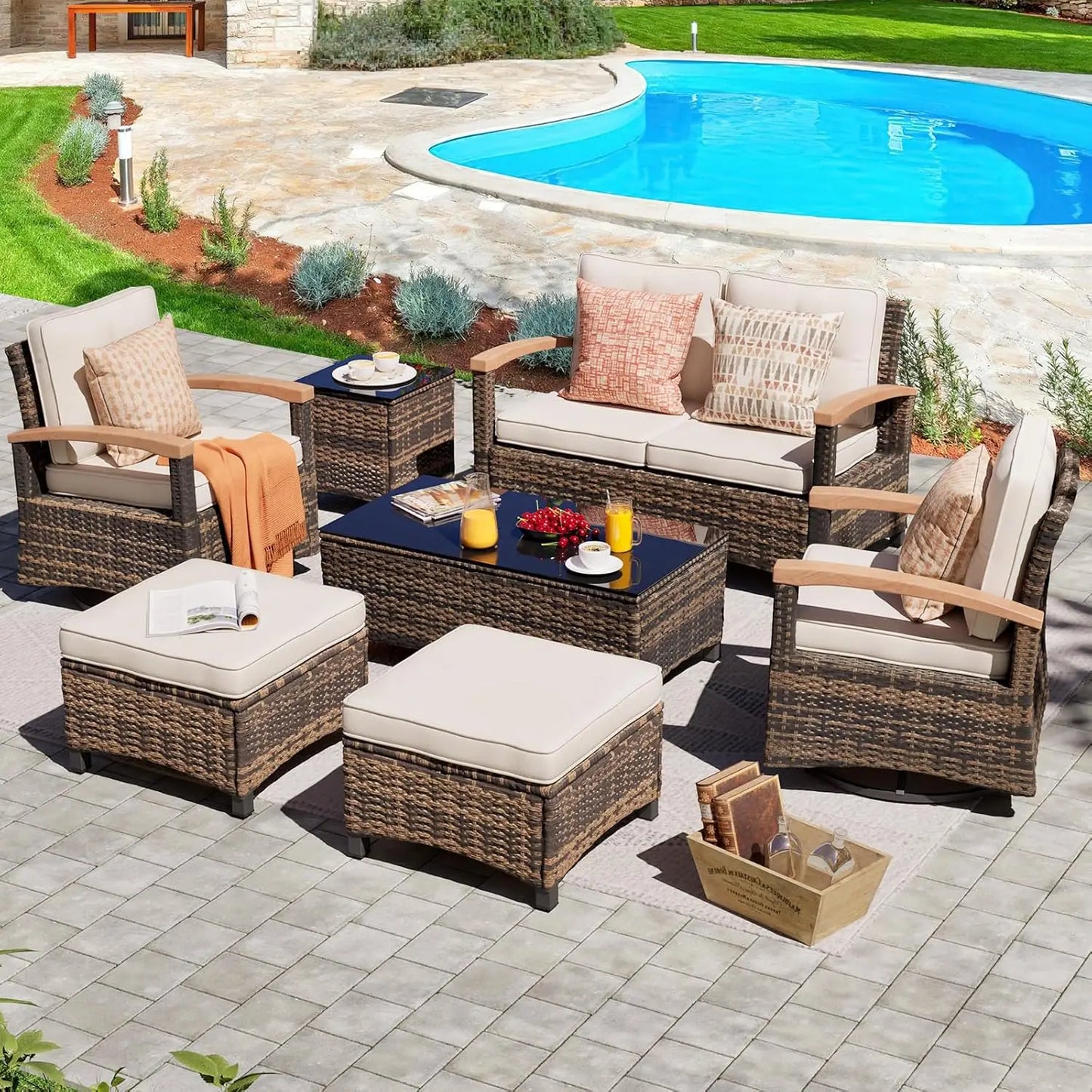 ANGDUO 7 Piece Patio Wicker Conversation Set With Wood Armrests