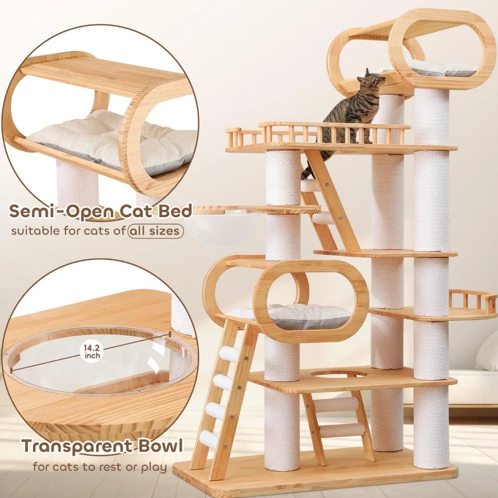 76.8'' Tall Modern Large Cat Tree,Multi-Level Wood Cat Tower for Indoor Cats Large Adults,Luxury Heavy Duty Cat Condo with Cushi