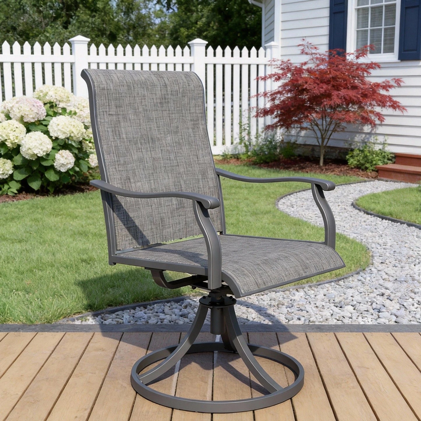 BIGGET 5-Piece Outdoor Dining Set 41" Round Table & 4 Grey Textilene Swivel Rocker Chairs for Patio Garden Backyard Poolside