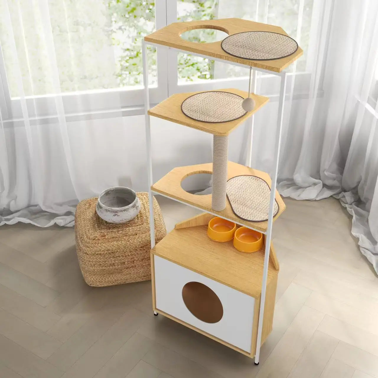 Pet Furniture Corner Cat Tower, Cat Tree Cat Condo with Scratching Post Feeding Station and Climbing Platforms for Indoor Cats