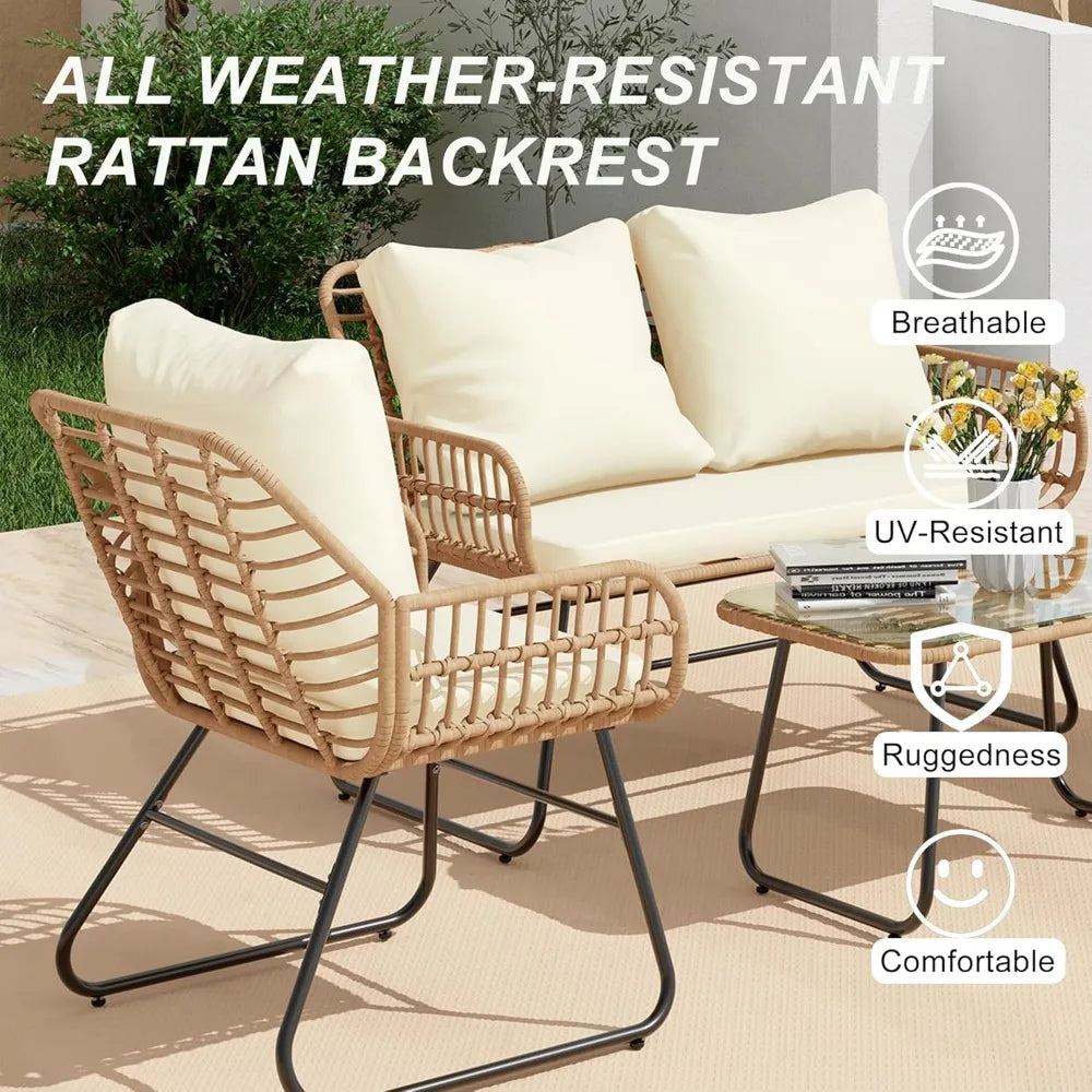 4-Piece Outdoor Patio Furniture Set with Cushions & Tempered Glass Table, All-Weather Rattan Bistro Set with Loveseat Chairs Tab