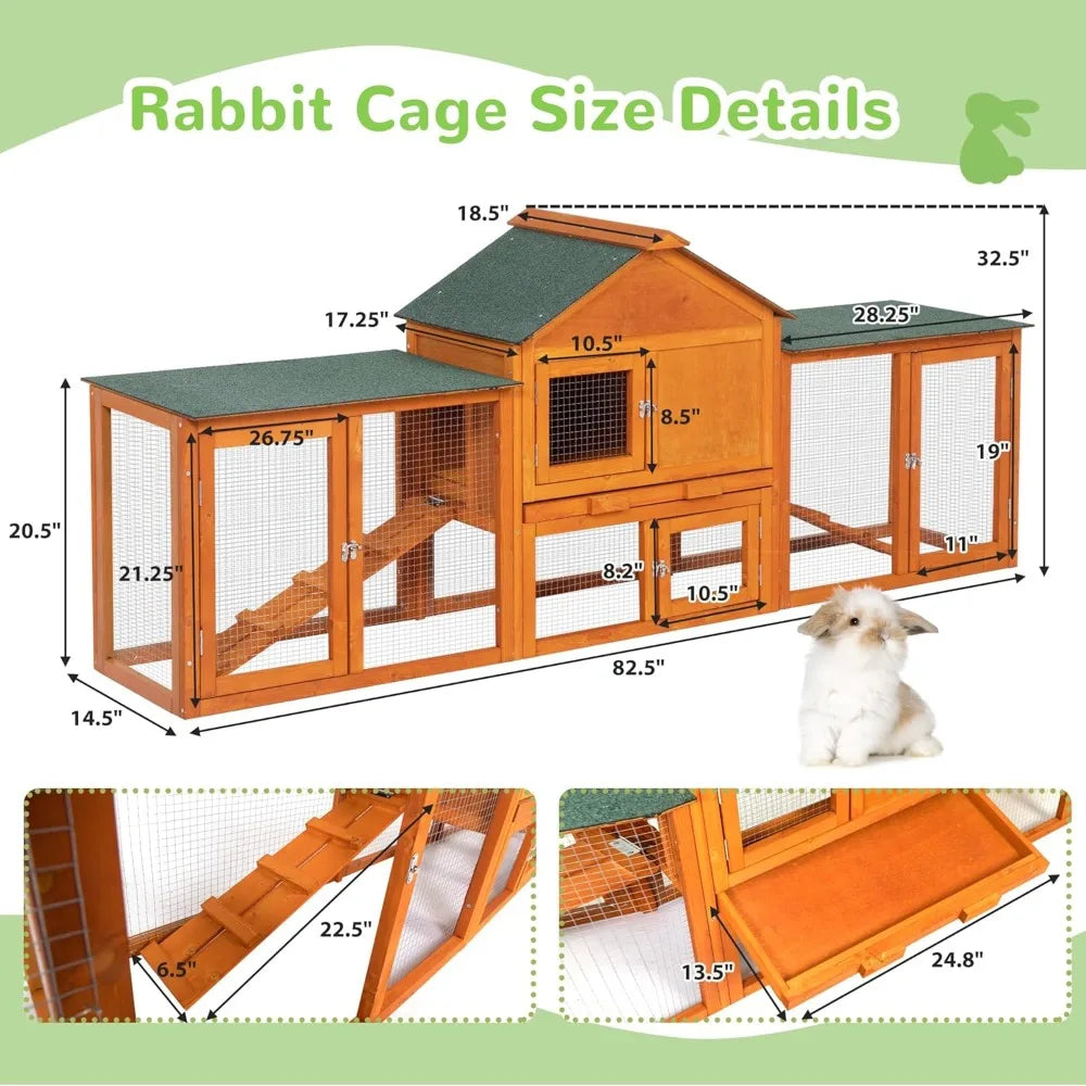 82.5” Large Wooden Rabbit Hutch Outdoor Easy to Assemble Rabbit Cage and Durable Bunny Hutch Indoor with Cleaning Tray & Waterpr