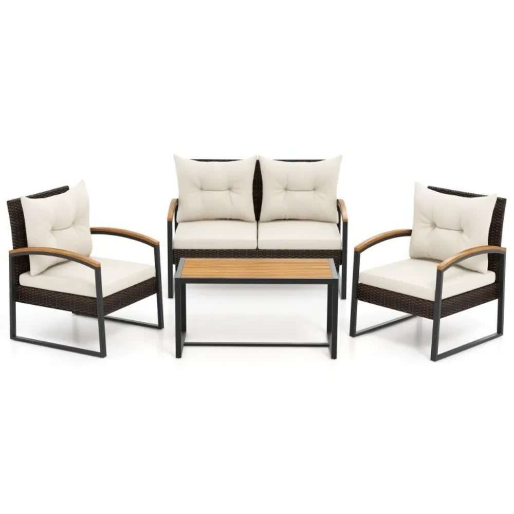 Patio Outdoor Rattan Sofa Set With Tabletop And Cushions