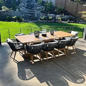 11 Pieces Patio Dining Set Wicker Outdoor Furniture Rectangular Table and Chairs Set for Garden Deck Teak-Finish Aluminum Frame