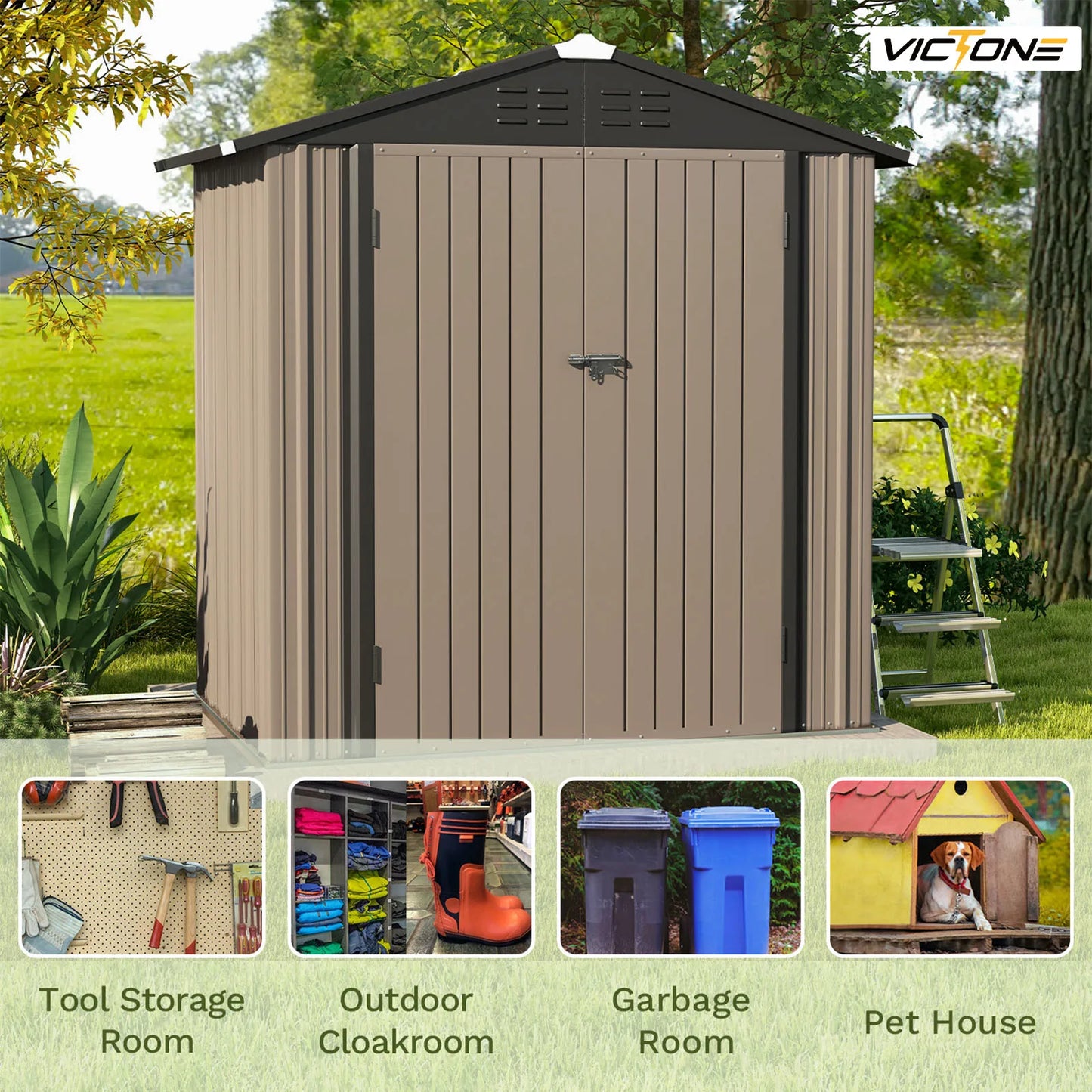 Victone 6x4 Metal Outdoor Storage Shed Brown With Door Lock