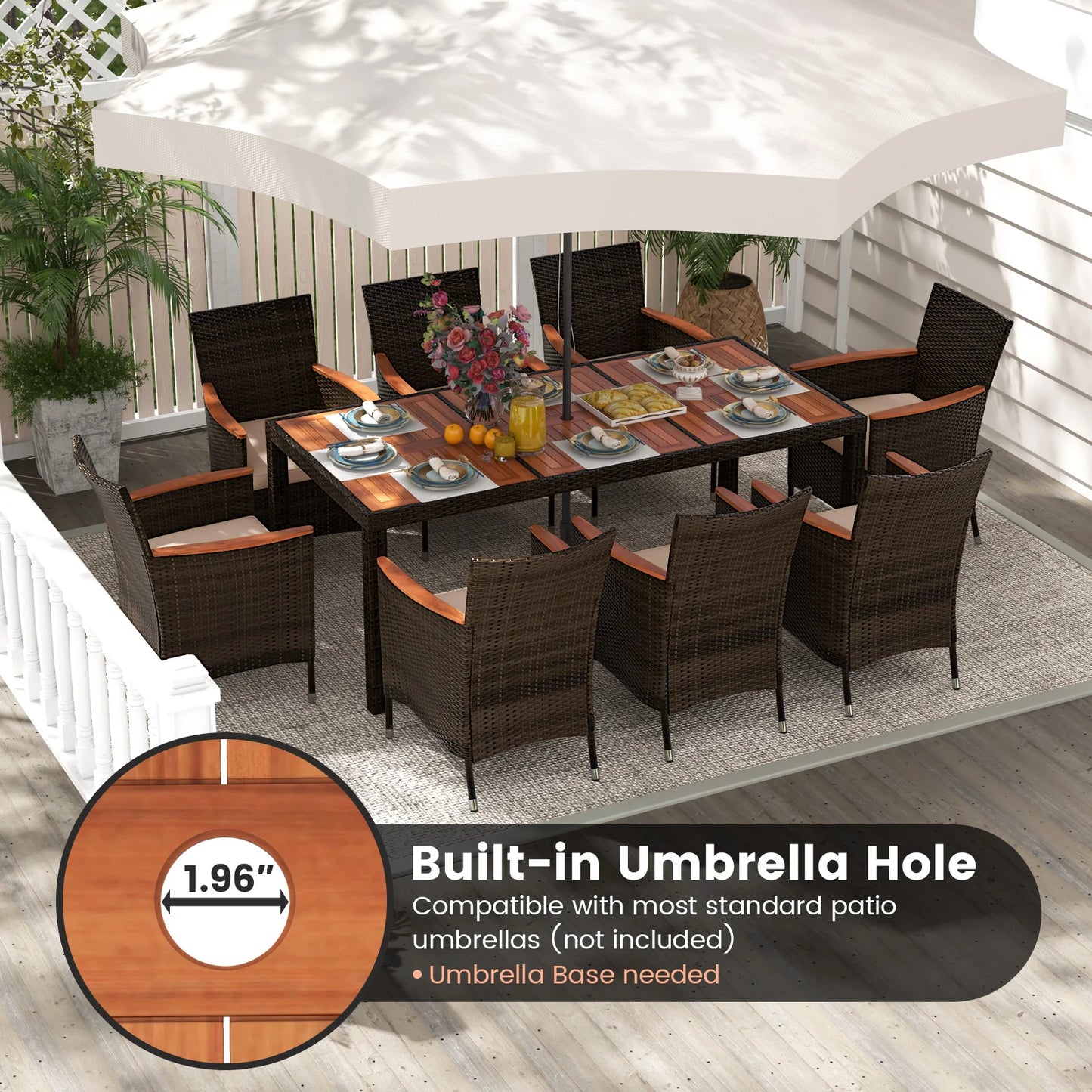 HOMASIS Patio Wicker Dining Set With Umbrella Hole