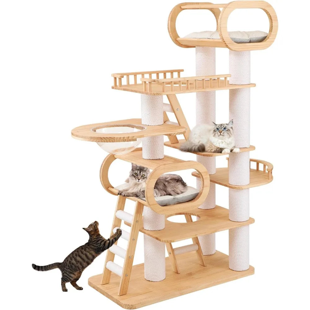 76.8'' Tall Modern Large Cat Tree,Multi-Level Wood Cat Tower for Indoor Cats Large Adults,Luxury Heavy Duty Cat Condo with Cushi