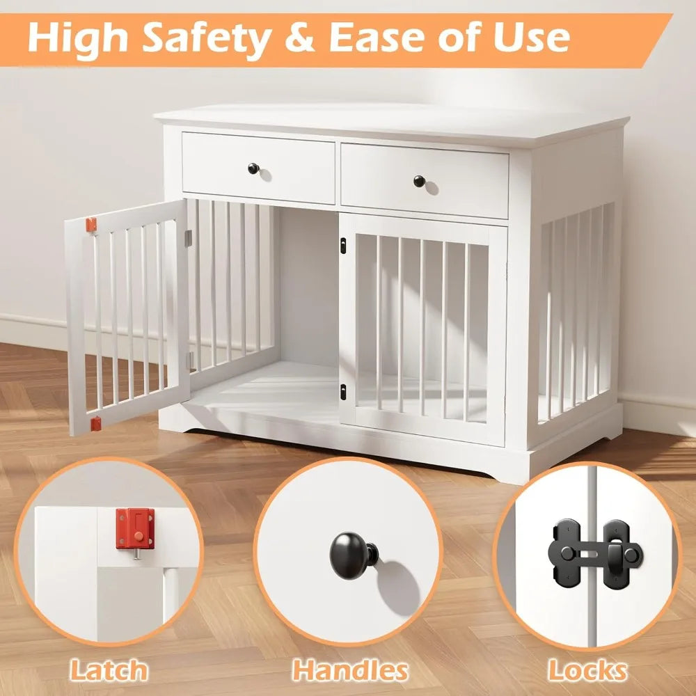 Dog Crate Furniture 44 Inch Wooden Dog Kennel Indoor with 2 Storage Drawers Heavy Duty for Large Dogs