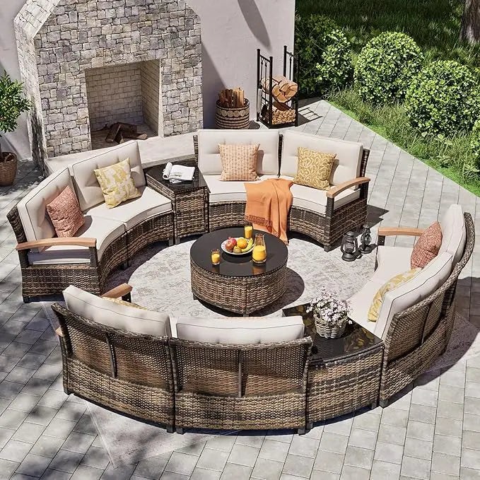 Multi-piece Outdoor Patio Furniture Sets, Half Moon Curving Part of The Sofa Rattan Patio Conversation Sets