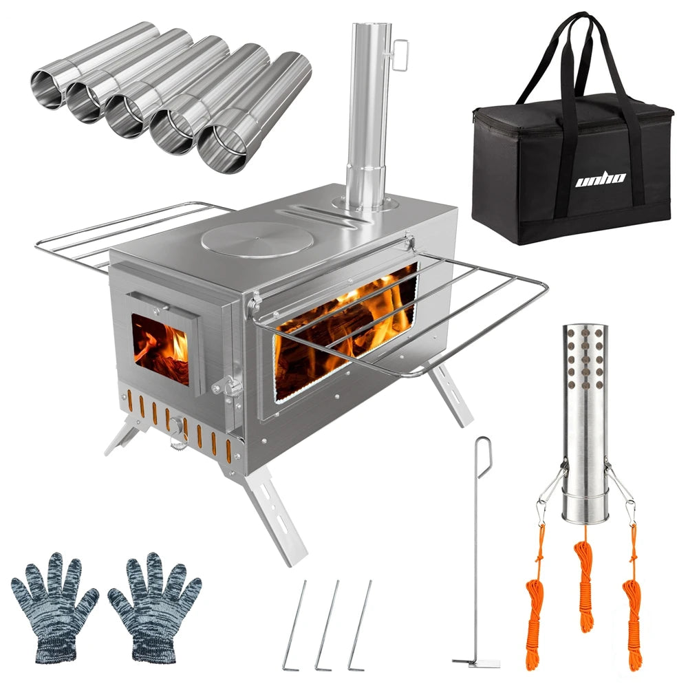 Feature Portable Wood Burning Stove Stainless Steel Outdoor Cooking Heater Log Burner 7 Chimney Pipes