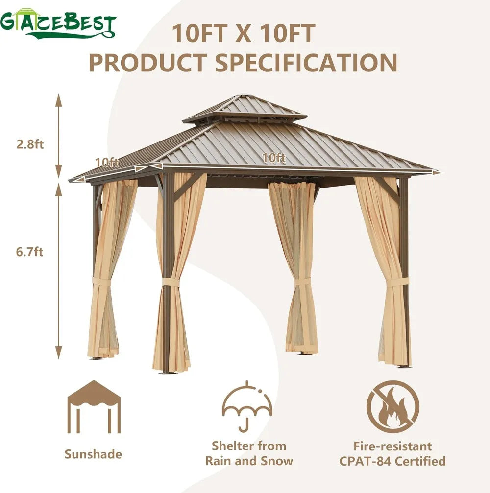 10x10ft Aluminum Hardtop Gazebo with Double Roof, Steel Canopy, Netting & Curtains for Outdoor Patio Garden